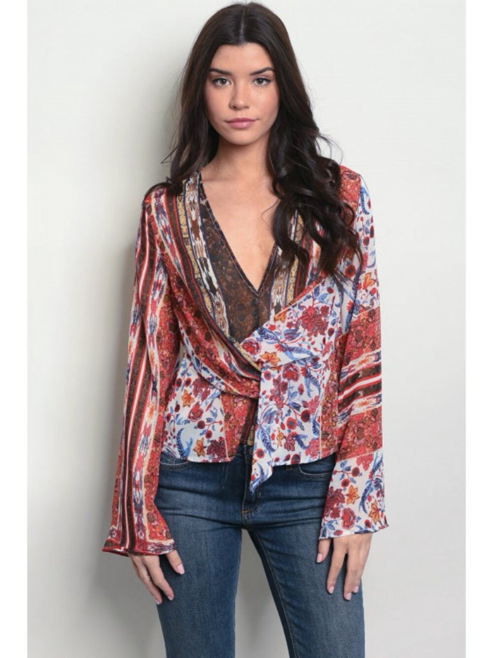 Banjul Floral Patchwork Print Chiffon Bell Sleeve Top Size S or M